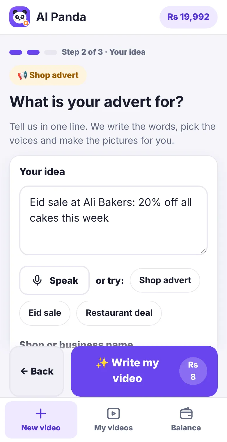 Writing the idea for a shop advert